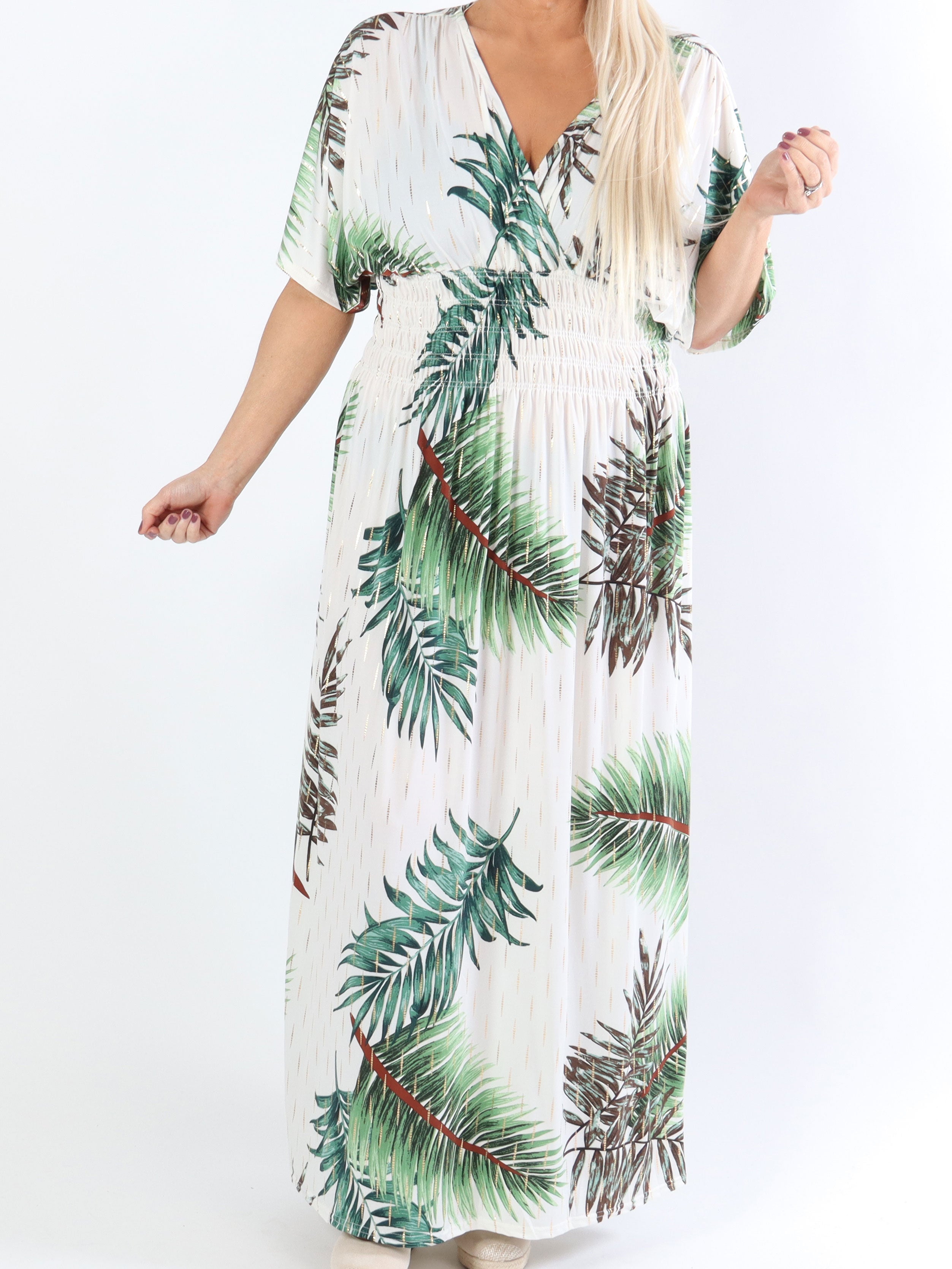 Pams Palm - Lang elastisk plus size kjole i krølfrit stof